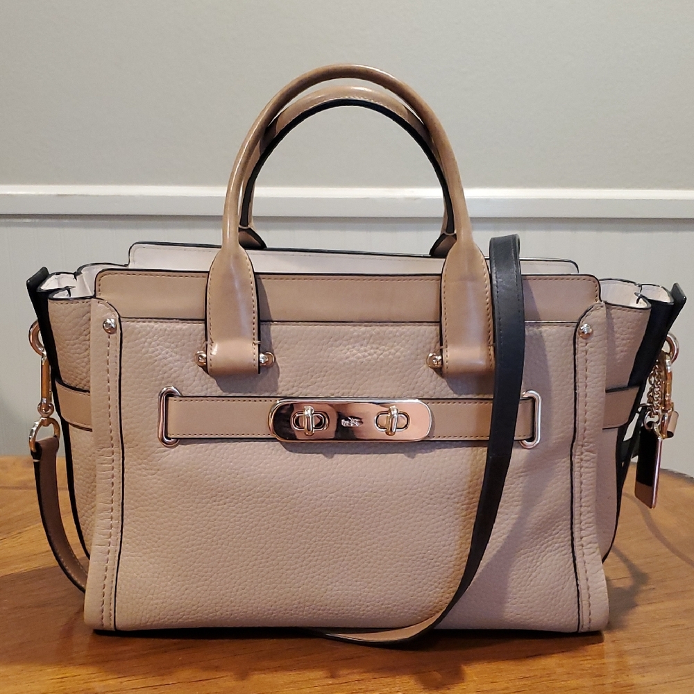 Neutral Beige Leather Satchel Handbag with Gold Hardware